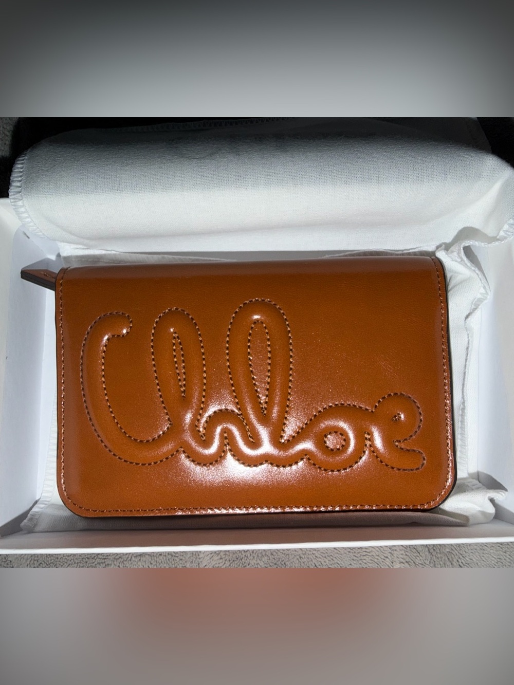 Womens Tan Leather Wallet Clutch - Quilted Script Detail